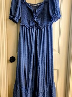 Smocked Midi Dress in Dusty Blue